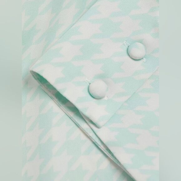 Alice + Olivia NWT Willa Houndstooth Puff Sleeve Silk Top in Julep Size L - Picture 8 of 11